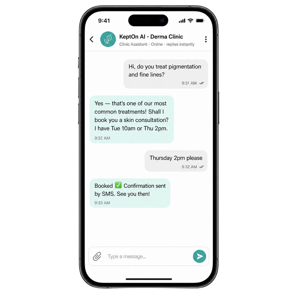 Smartphone showing the KeptOn AI clinic chat booking an appointment