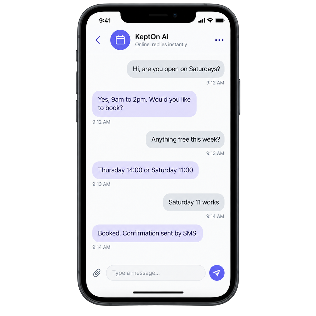 A phone showing an AI receptionist answering a customer and booking an appointment